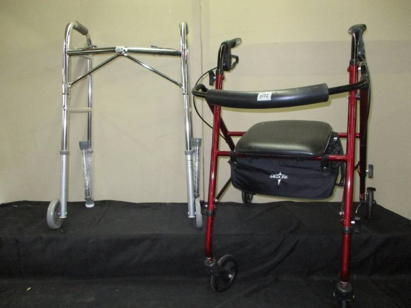 lot 146 image: 2 walkers on with wheels and seat both very nice