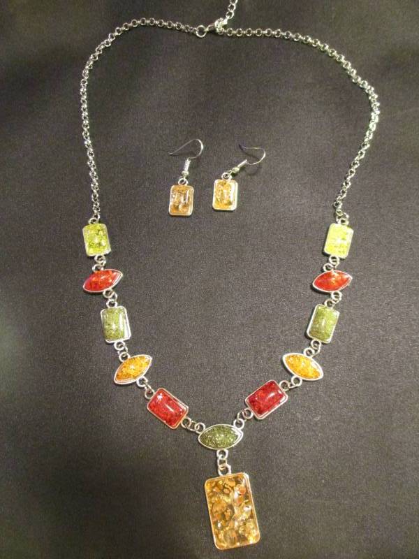 lot 13 image: 925 Sterling Silver Square Amber African Necklace Earling Jewelry Set