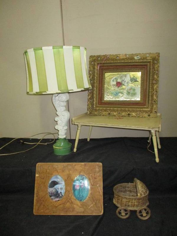 lot 318 image: Vintage Lamp, Antique Picture, Tray, and Picture