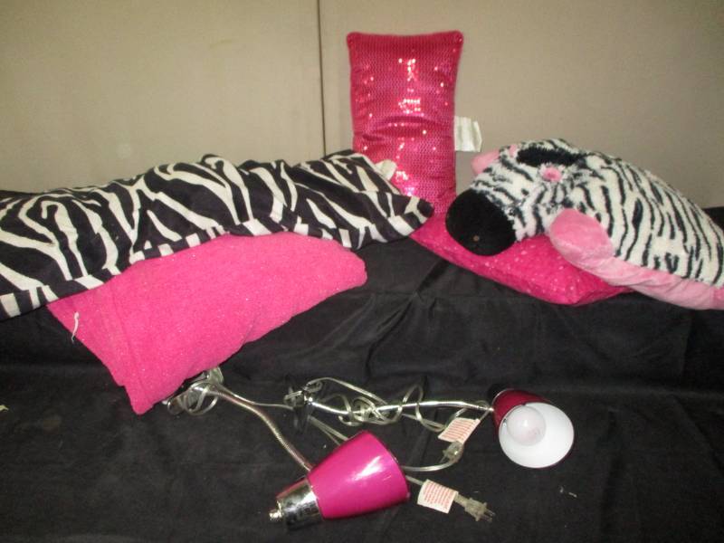 lot 348 image: Zebra Blanket, Pillow Pet asnd Pink Dcor