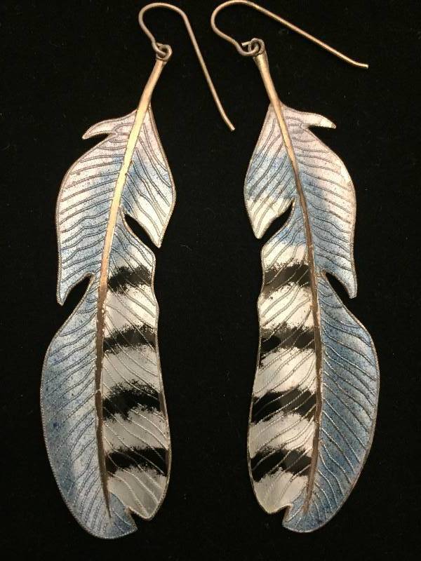 lot 10 image: Sterling Silver Enameled Feather Pierced Earrings Wires