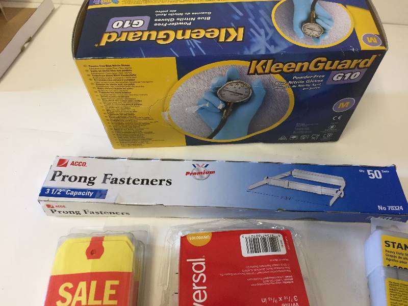 lot 173 image: Staples, Plastic Gloves, File Folder Labels, Sale Price Tags, 3.5 Prong Fasteners