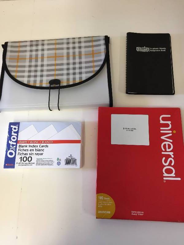 lot 160 image: Oxford Index Cards, 2019 Assignment Book, Universal UNV80108 Labels, Folding File Suitcase
