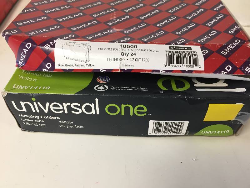 lot 11 image: Universal One Yeellow Hanging Folders & Smead Poly File Folders Asst Colors