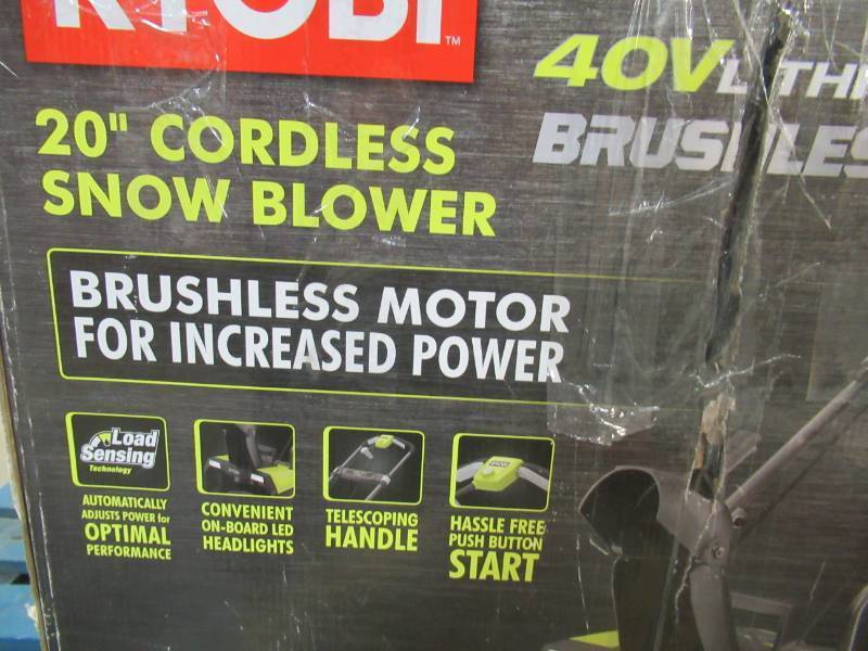 lot 23 image: Ryobi 20 in. 40-Volt Brushless Cordless Electric Snow Blower  RY40840 - Missing Battery, Charger and Part of Chute