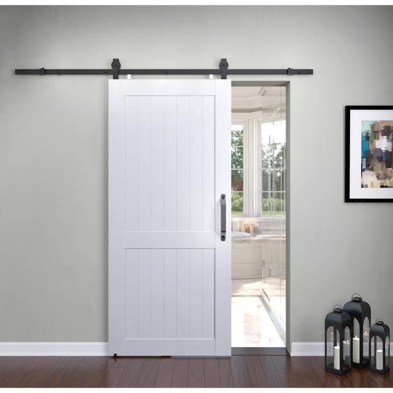 lot 20 image: Pinecroft 36 in. x 84 in. Millbrooke White H Style PVC Vinyl Barn Door with Sliding Door Hardware Kit