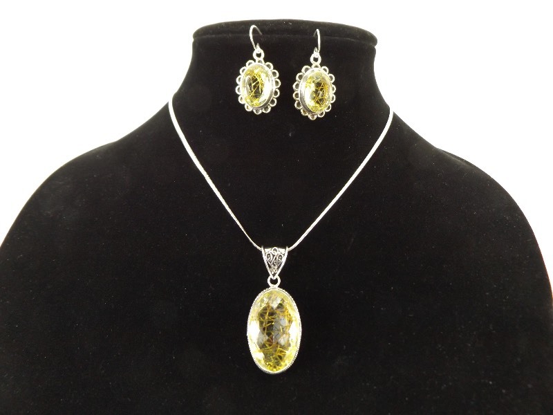 lot 52 image: .925 Sterling Silver Rare Golden Rutile NecklacePendantEarring Set
