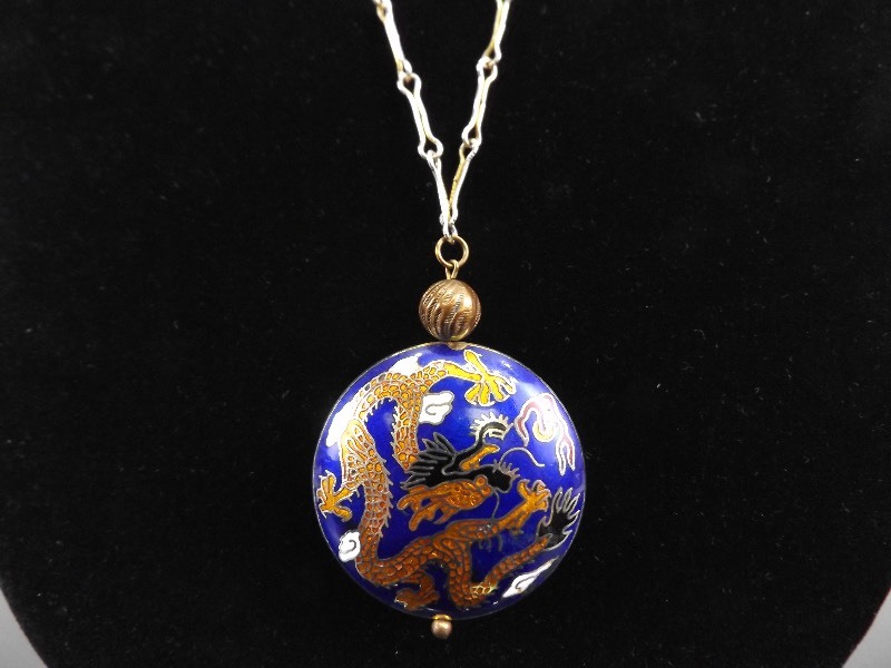 lot 72 image: Large 2 Cloisonne Dragon Pendant on a 30 Gold Metal Necklace