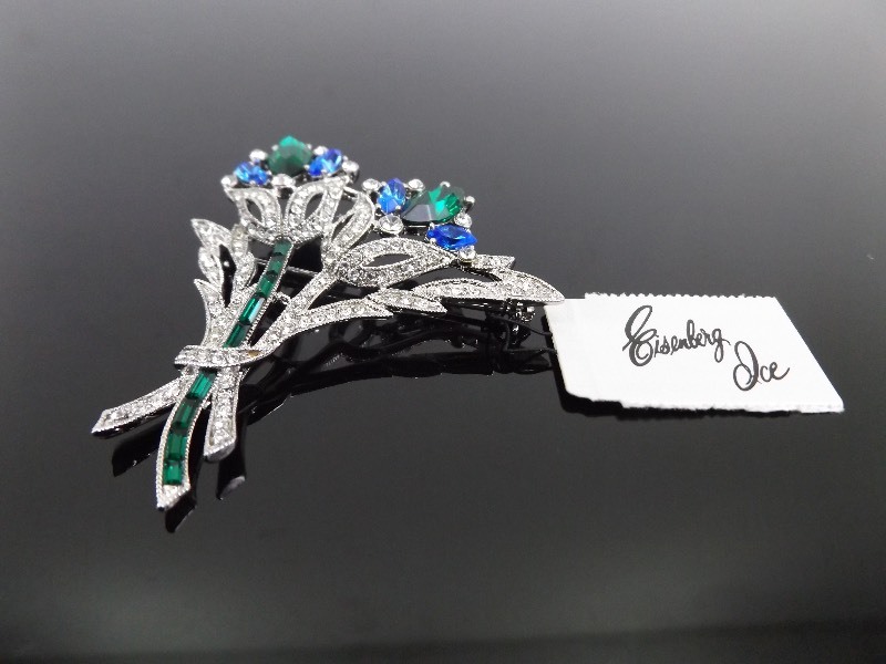 lot 79 image: NEW Eisenberg Ice Sapphire Blue and Emerald Green Flower Brooch