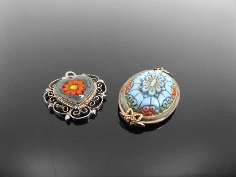 lot 84 image: 2 Vintage Micro Mosaic and Enamel Pendants