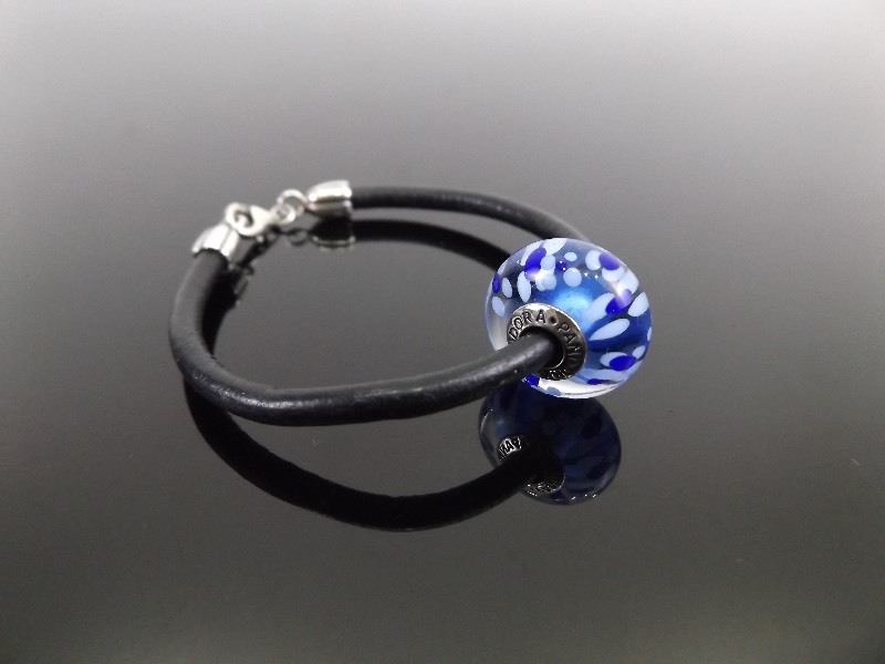 lot 116 image: PANDORA .925 ALE 7.5 Murano Blue Blossoms Black Leather Bracelet