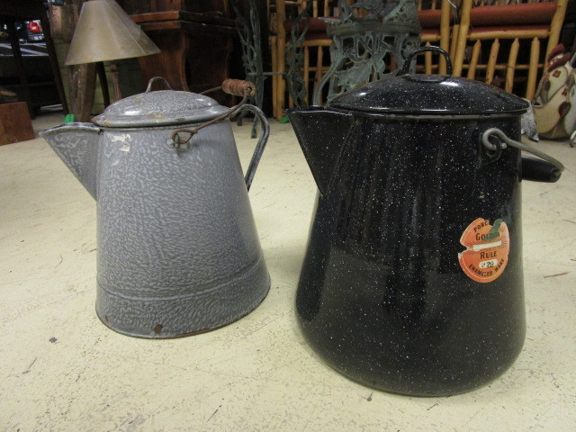 lot 530 image: TWO ENAMELWARE COFFEE POTS PORCELIAN GOLDENRULE ENAMELWARE
