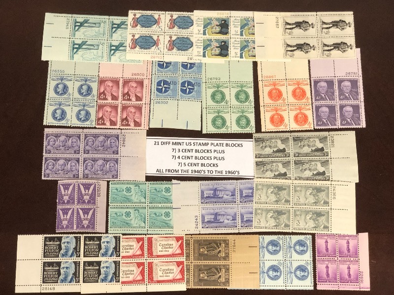 (21) Different Mint U.S. Stamp Plate Blocks
