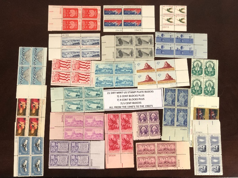 (21) Different Mint U.S. Stamp Plate Blocks