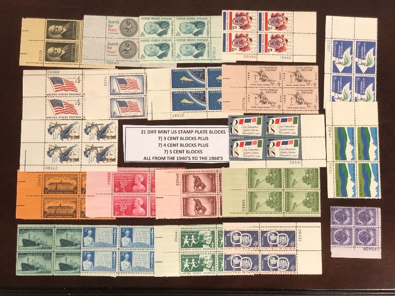 (21) Different Mint U.S. Stamp Plate Blocks