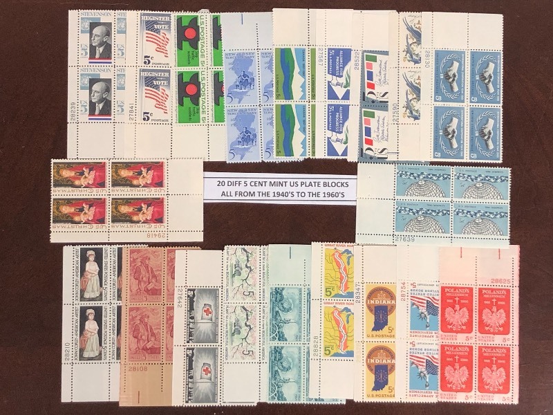 (20) Different 5-Cent Mint U.S. Plate Blocks