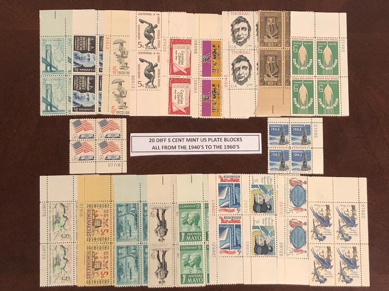 (20) Different 5-Cent Mint U.S. Plate Blocks