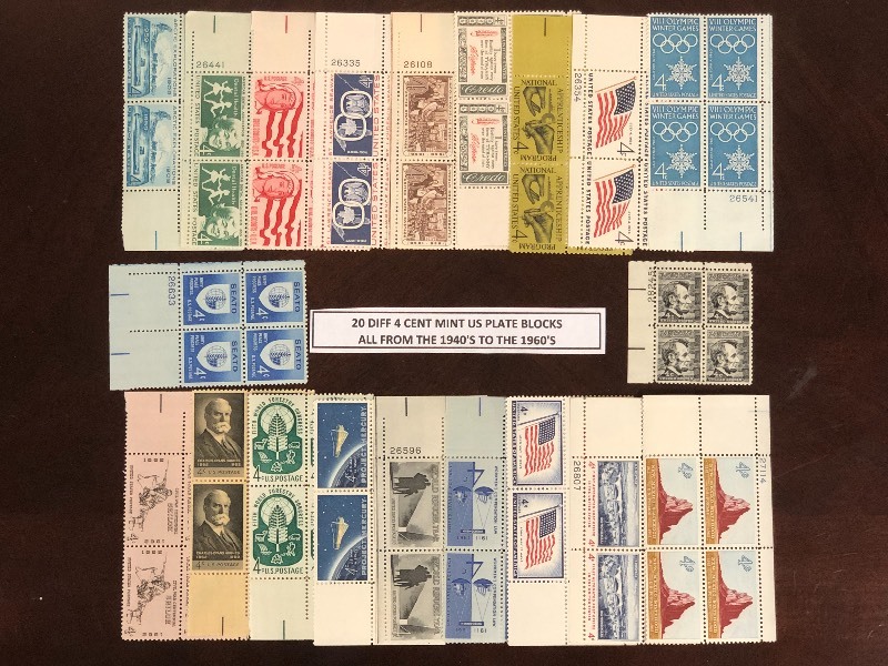 (20) Different 4-Cent Mint U.S. Plate Blocks