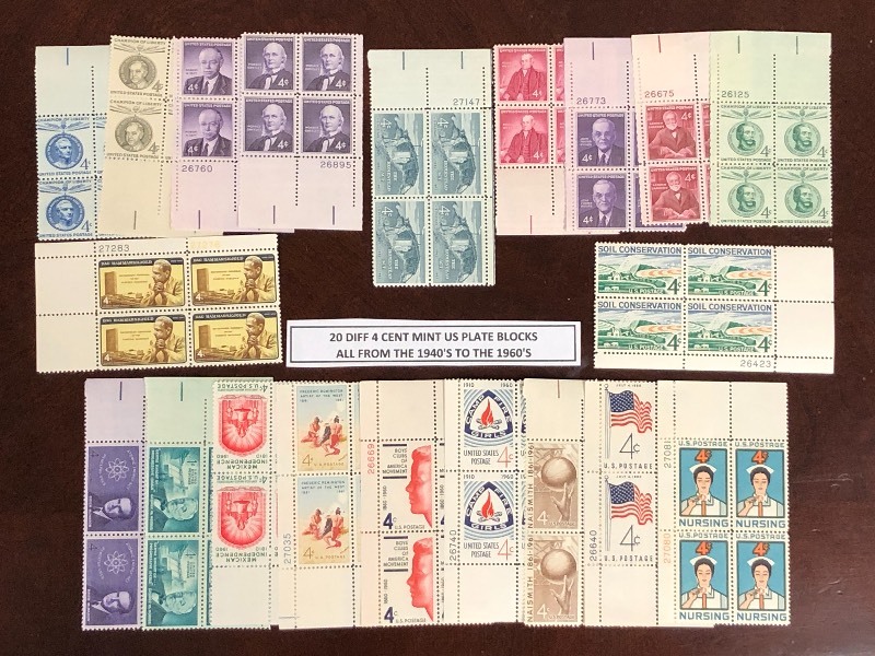 (20) Different 4-Cent Mint U.S. Plate Blocks