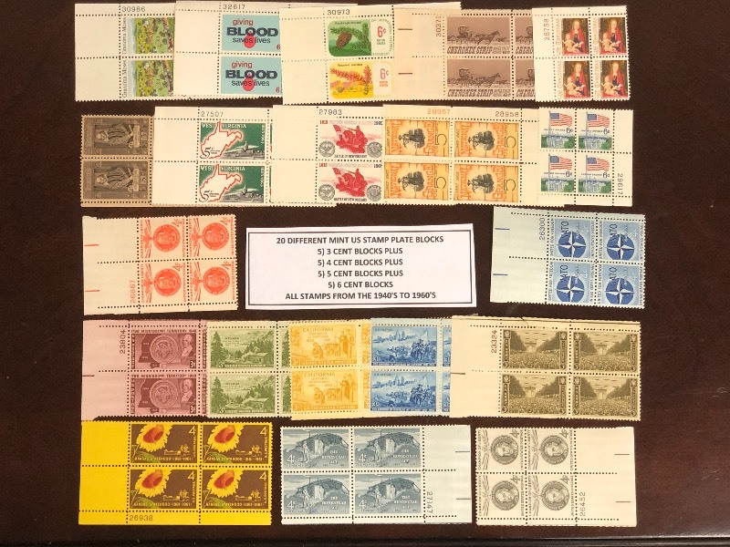 (20) Different Mint U.S. Stamp Plate Blocks