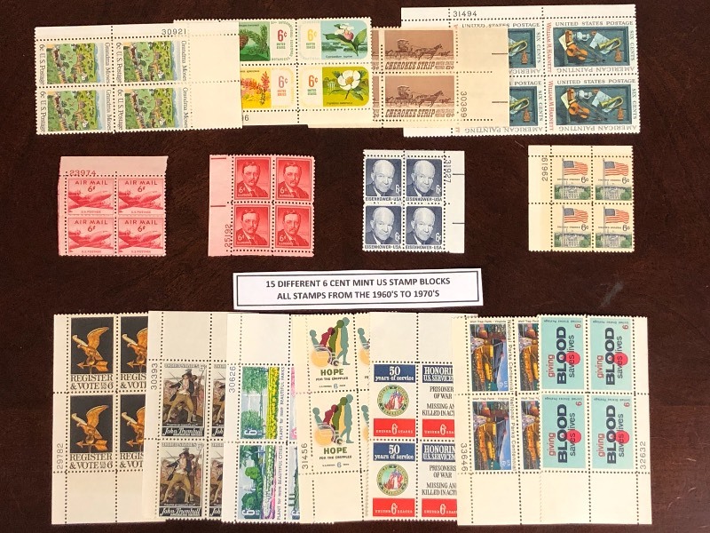 (15) Different 6-Cent Mint U.S. Stamp Blocks
