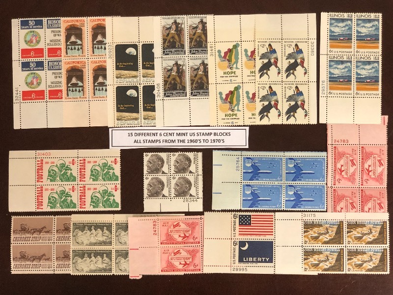 (15) Different 6-Cent Mint U.S. Stamp Blocks