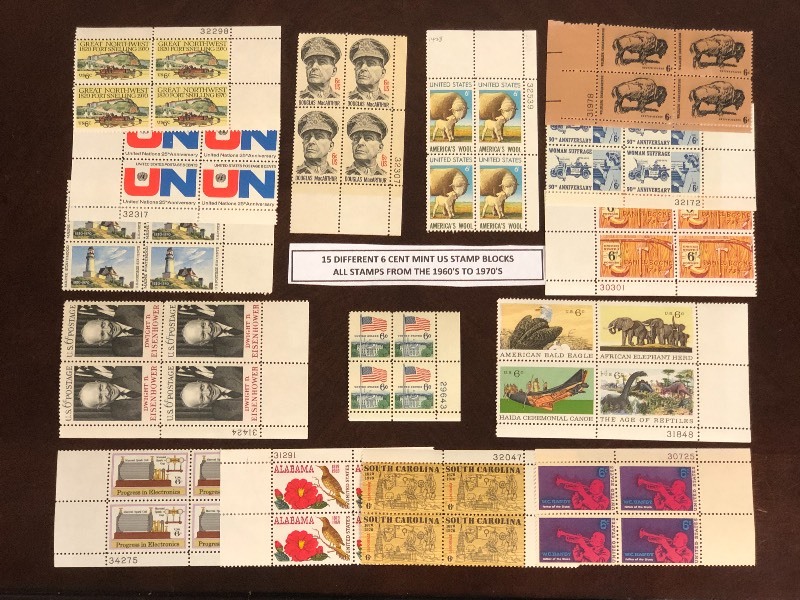 (15) Different 6-Cent Mint U.S. Stamp Blocks