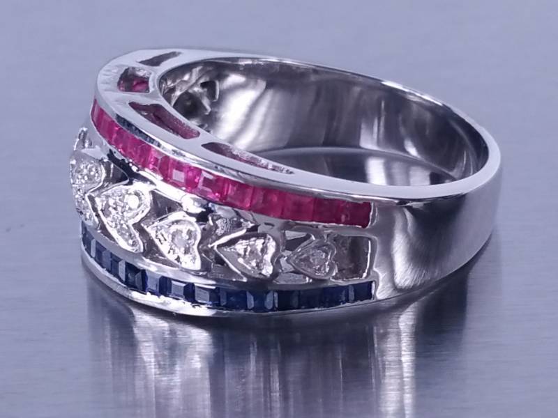 Ruby, Blue Sapphire, and Diamond Ring in 18k White Gold