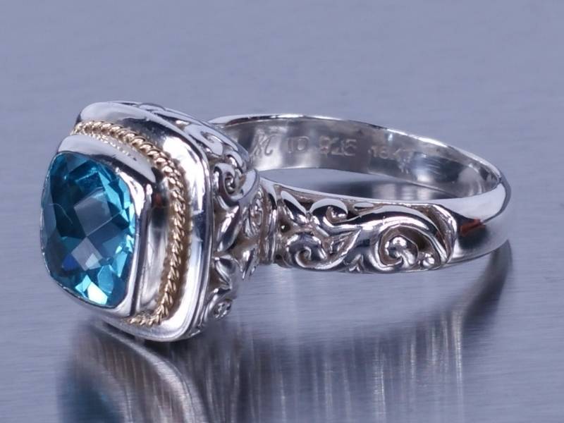 New York Designer Natural Blue Topaz Estate Ring in 18k Gold and Sterling