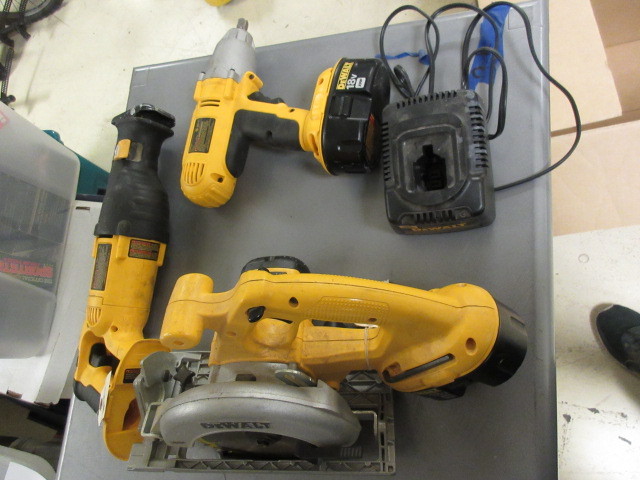 lot 736 image: DeWALT 18W CORDLESS IMPACT WRENCH. RECIPROCATING SAW & CIRCULAR SAW W BATTERIES & CHARGER