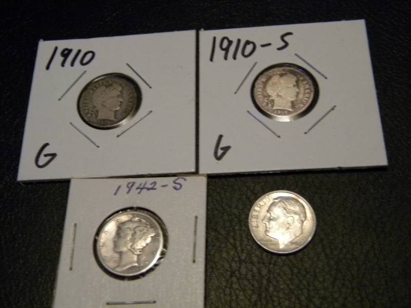 2 Barber Silver, 1 Mercury Silver & 1 Roosevelt Silver Dimes