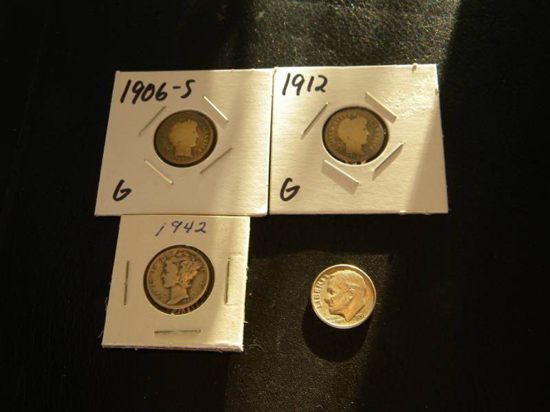 2 Barber Silver, 1 Mercury Silver & 1 Roosevelt Silver Dimes