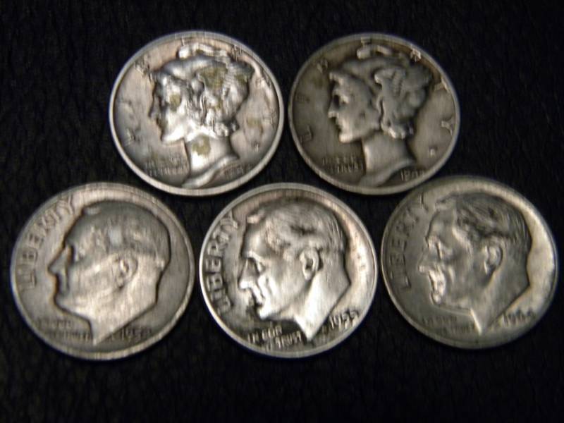 2 Mercury Silver & 3 Roosevelt Silver Dimes