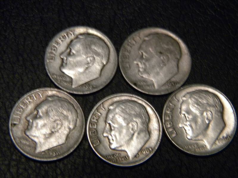 5 Roosevelt Silver Dimes