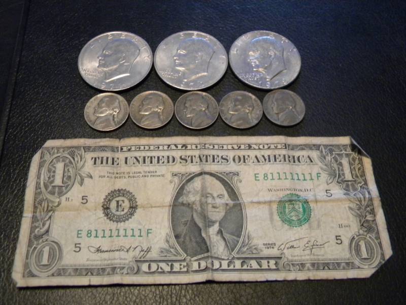 3 Eisenhower Dollars, 5 World War II 35% Silver Nickels & 1974 $1.00 Bill
