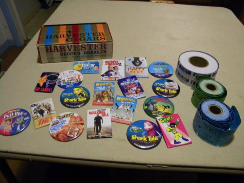 Movie Pinback Buttons,3 Ticket Rolls & a Cigar Box