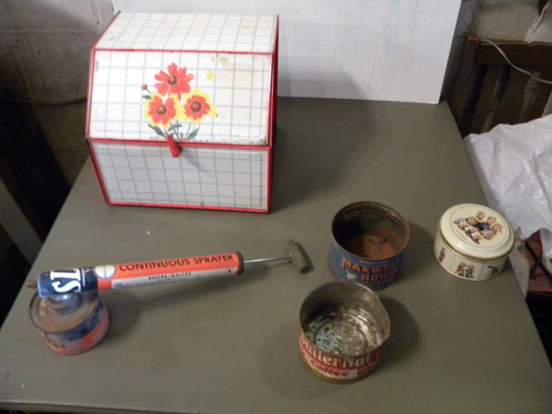Vintage Metal Bread Box, Tins & Sprayer