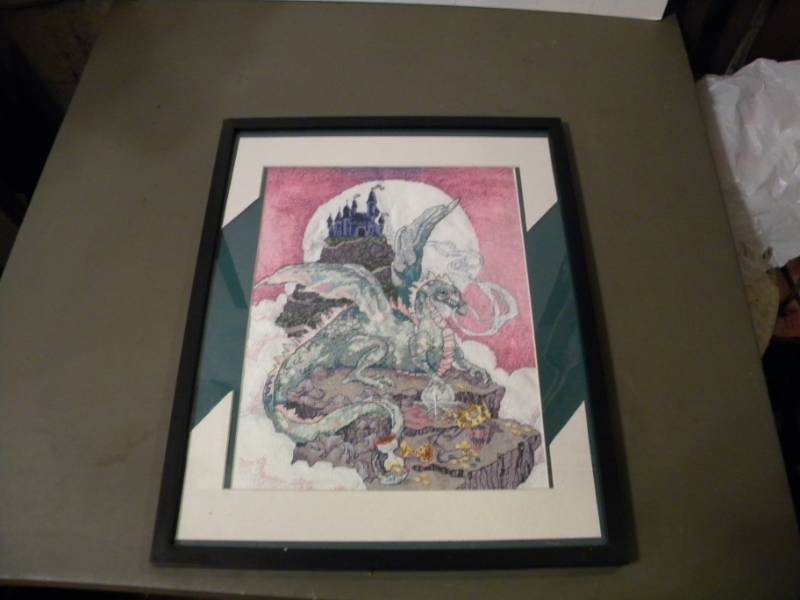 Cross Stitch Dragon Guarding Treasure near Castle - 17 x 21