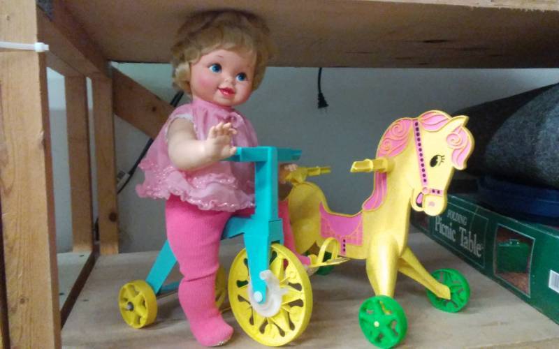 lot 26 image: 1967 Vintage Mattel Baby Tippe Toes Doll, Tricycle & Horse