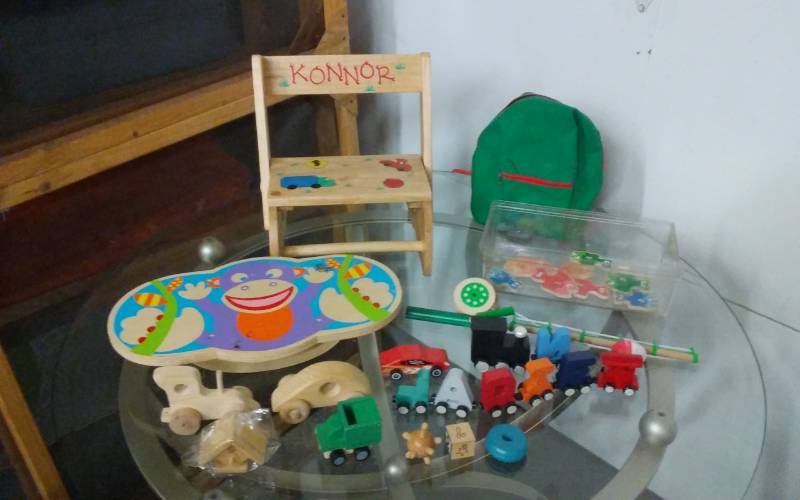 lot 33 image: Lot Of Wood Toys, Chair, Balance Board