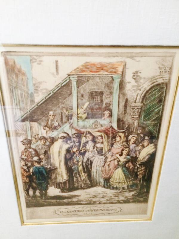 lot 3 image: WOW RARE Antique&nbspNandor Vydai Brenner (1903-1944)&nbspLarge Colorful Engraving of a Jewish Wedding Signed In Pencil - Title&nbsp18th Century Jewish Wedding  Size&nbsp25.5 x 21.5 Antique Gesso Frame