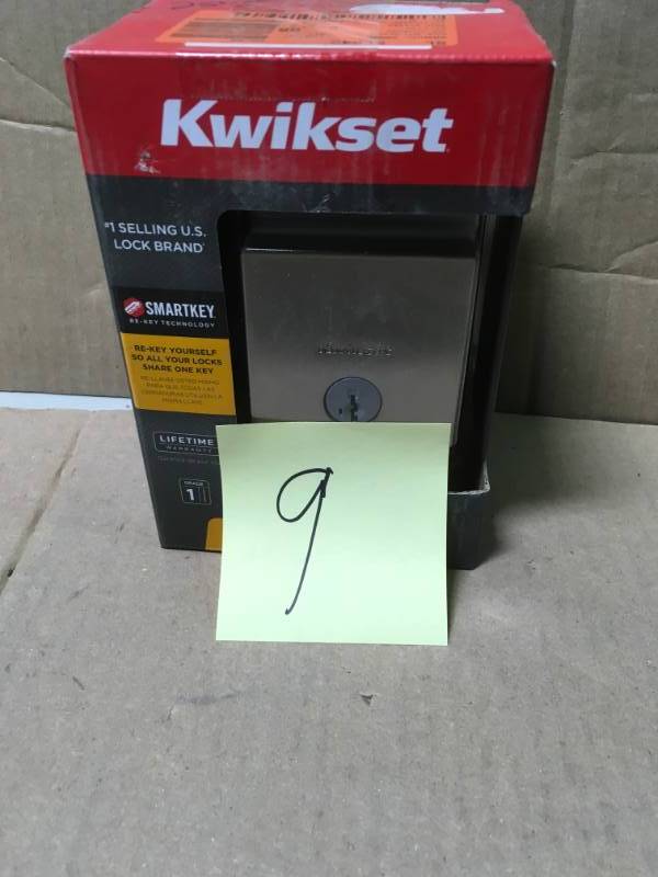 lot 9 image: Kwikset 258 SQT 15 SMT CP K4 Signature Series Downtown Square Single Cylinder Deadbolt Smartkey Satin Nickel open box in like new condition