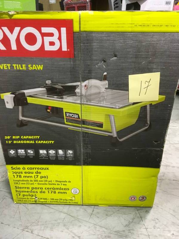 lot 17 image: RYOBI 7 Wet Tile Saw, Model 1000 045 230 open box in like new condition