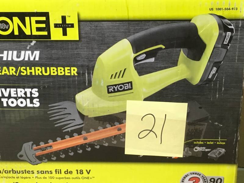 lot 21 image: Ryobi ONE 18-Volt Lithium-Ion Cordless Grass Shear and Shrubber Trimmer - 1.3 Ah Battery and Charger Included open box in like new condition