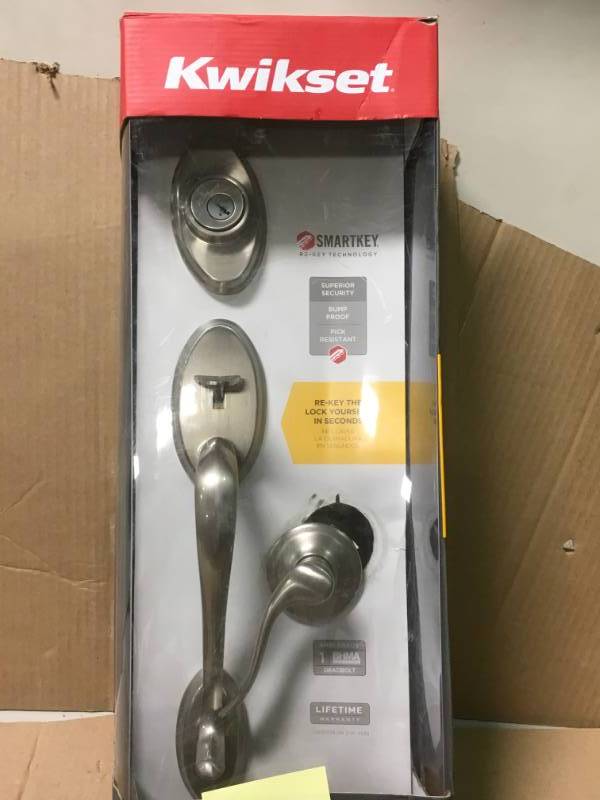 lot 28 image: Kwikset Shelburne Satin Nickel Single Cylinder Door Handleset with Tustin Lever Featuring SmartKey Security open box in like new condition