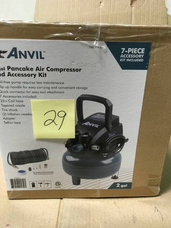 lot 29 image: ANVIL 2G Pancake Air Compressor with 7-Piece Accessories Kit open box in like new condition