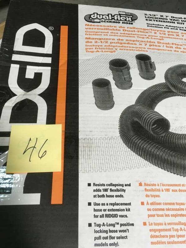 lot 46 image: 2-12 in. x Tug-A-Long Vacuum Hose for Ridgid Wet Dry Vacs open box in like new condition