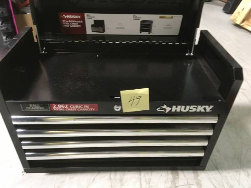 lot 49 image: Husky 26 in. W 4-Drawer Tool Chest, Black - H4CH1R KEY BROKE IN LOCK BOX OPEN