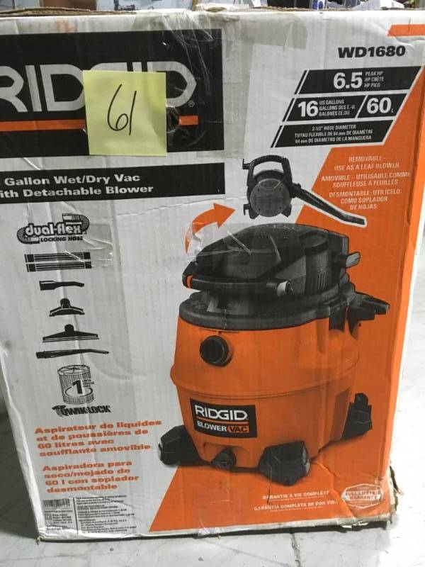 lot 61 image: RIDGID 16 Gal. 6.5-Peak HP Wet Dry Vac with Detachable Blower USED works