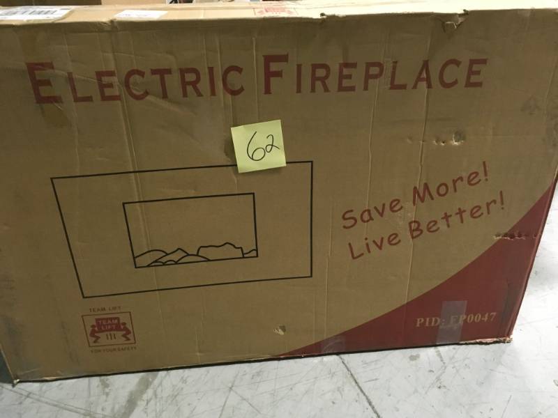 lot 62 image: AKDY 36 in. Wall Mount Electric Fireplace Heater in Black with Tempered Glass, Pebbles, Logs and Remote Control open box in like new condition